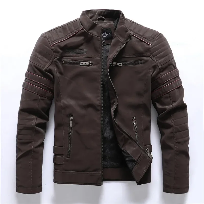 

Male Zipper Autumn Outwear Jackets Men Brand Vintage Fleece Leather Jacket Winter Motorcycle PU Warm Multi-pocket Leather Coat