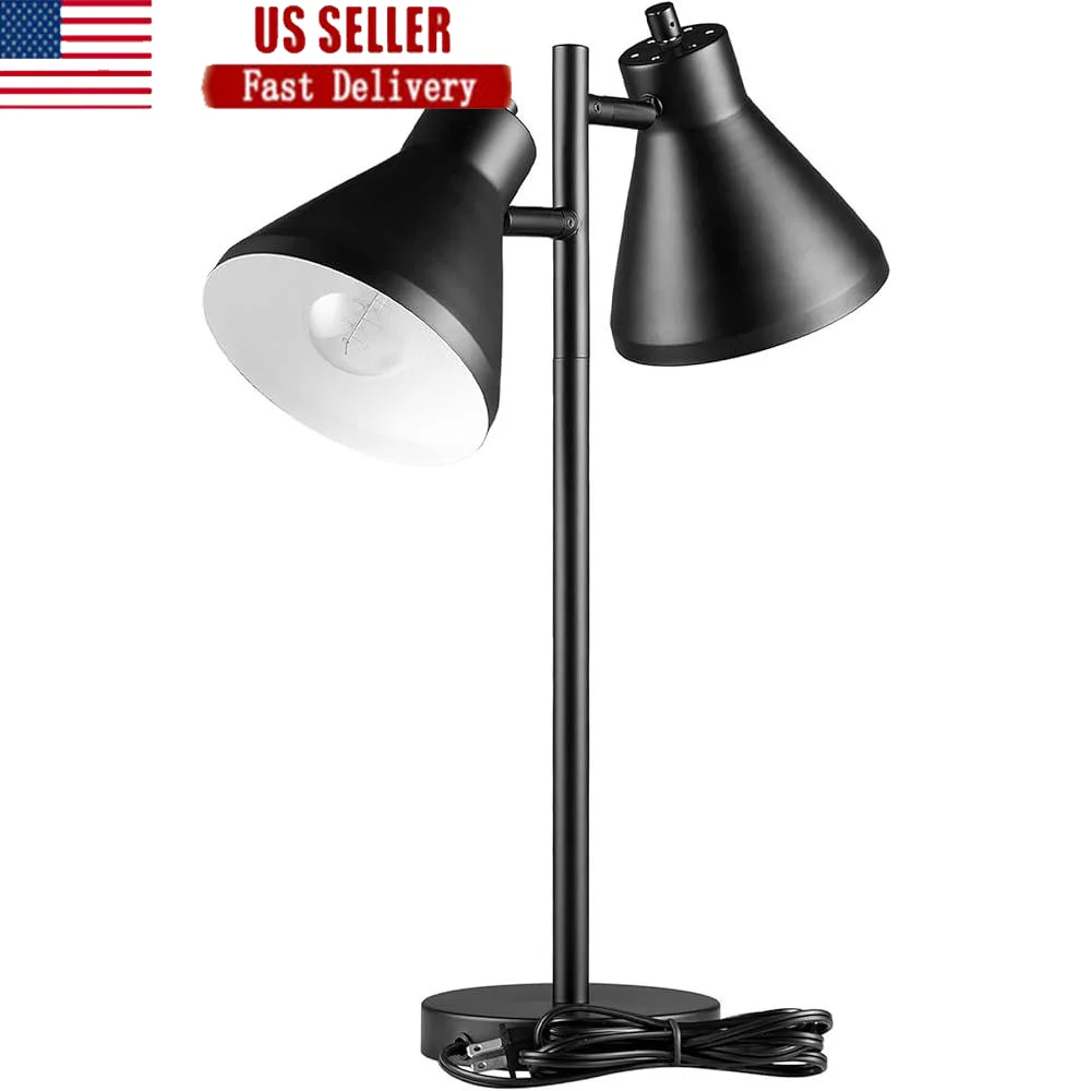 

Industrial 2-Light Desk Lamp with Pivoting Heads On/Off Rotary Switch Matte Black Finish E26 Bulb Compatible Home Office Use
