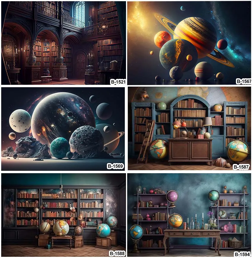 

Newborn Photography Backdrops Bookshelf Universe Planets Boy Kids Birthday Balloons Party Baby Portrait Backgrounds Photocall