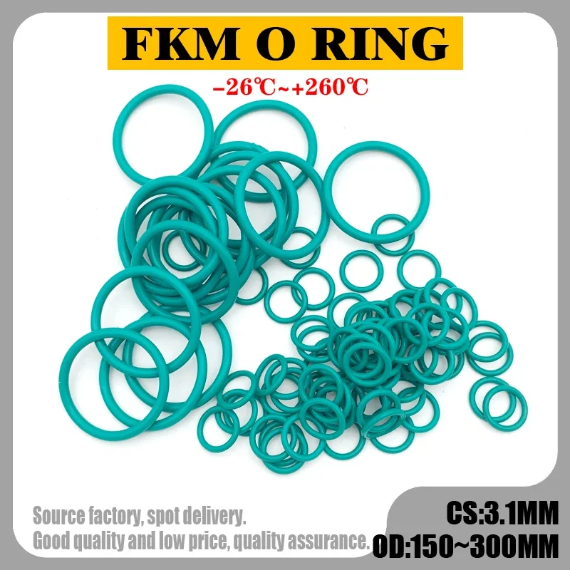 

5Pcs FKM Fluorine Rubber O Ring Sealing Gasket Thickness CS 3.1mm OD 150~ 300mm Insulation Oil High Temperature Resistance Green