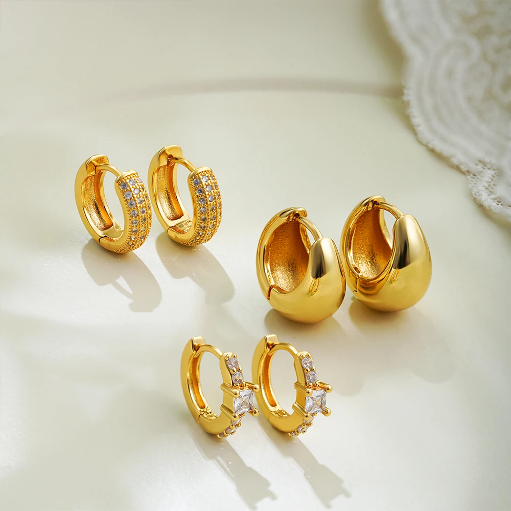 3pair/set Vintage Stainless Steel Simple Chunky Round Zircon Hoop Earrings Polished Gold Plated Rhinestone Huggie Ear Buckle New