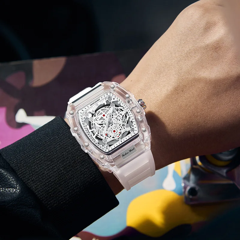 Relógios masculinos casuais da moda com função de calendário luminoso, pulseira de silicone, caixa transparente em formato tonneau, relógio de quartzo masculino para presente.