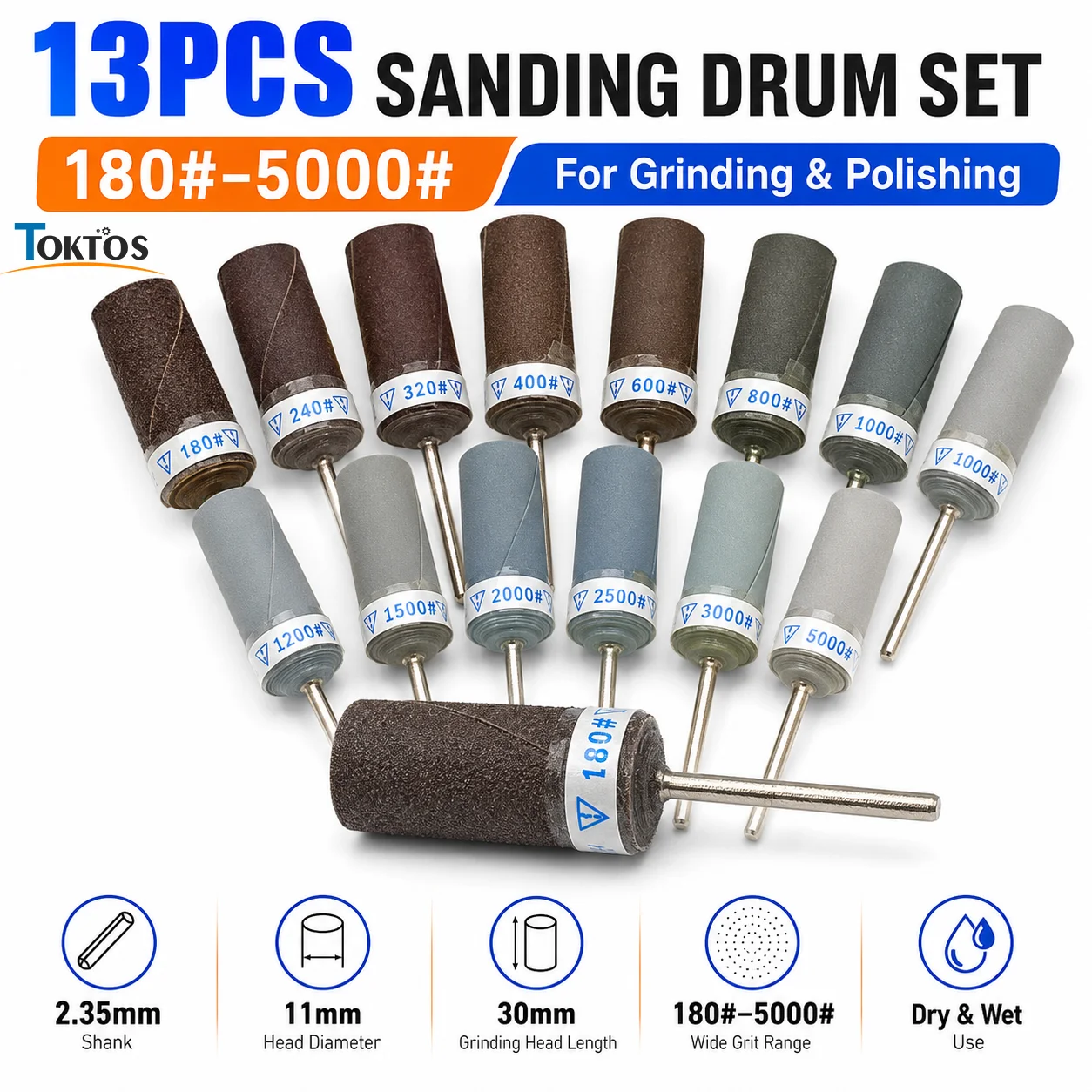 TOKTOS 2.35mm Sandpaper Grinding Rod 13 Grit 180-5000# Abrasive Drum Bit for Jewelry Metal Polishing Rotary Tool Flex Shaft