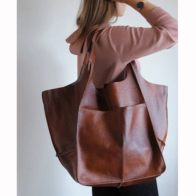 

Shoper Extra Large Tote Bag Leather Shopping Bag for Woman Travel Slouchy Shoulder Tote Soft Leather Bag