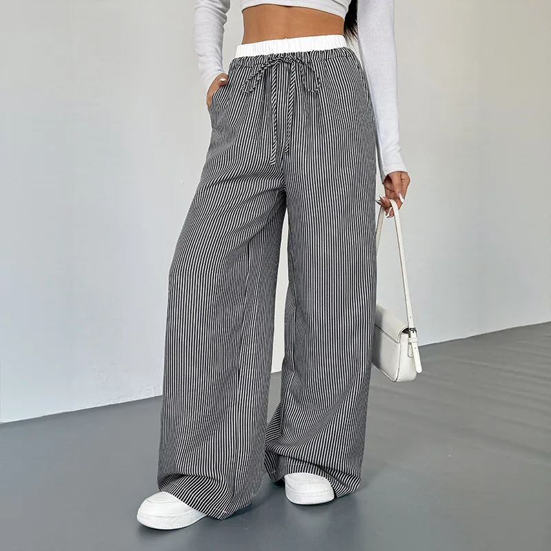 

Pant Women Wide Leg Long Pants Slim Fit High Waist Straight Trousers Y2k Streetwear Striped Elegant Splice Work Casual 2025