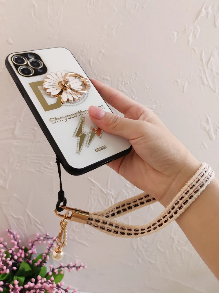 Fashion Women\'s Phone Lanyard Short Woven Pearl Pendant Wrist Rope Anti-lost Cell Phone Lanyard Bracelet Key Ring Bag Accessory