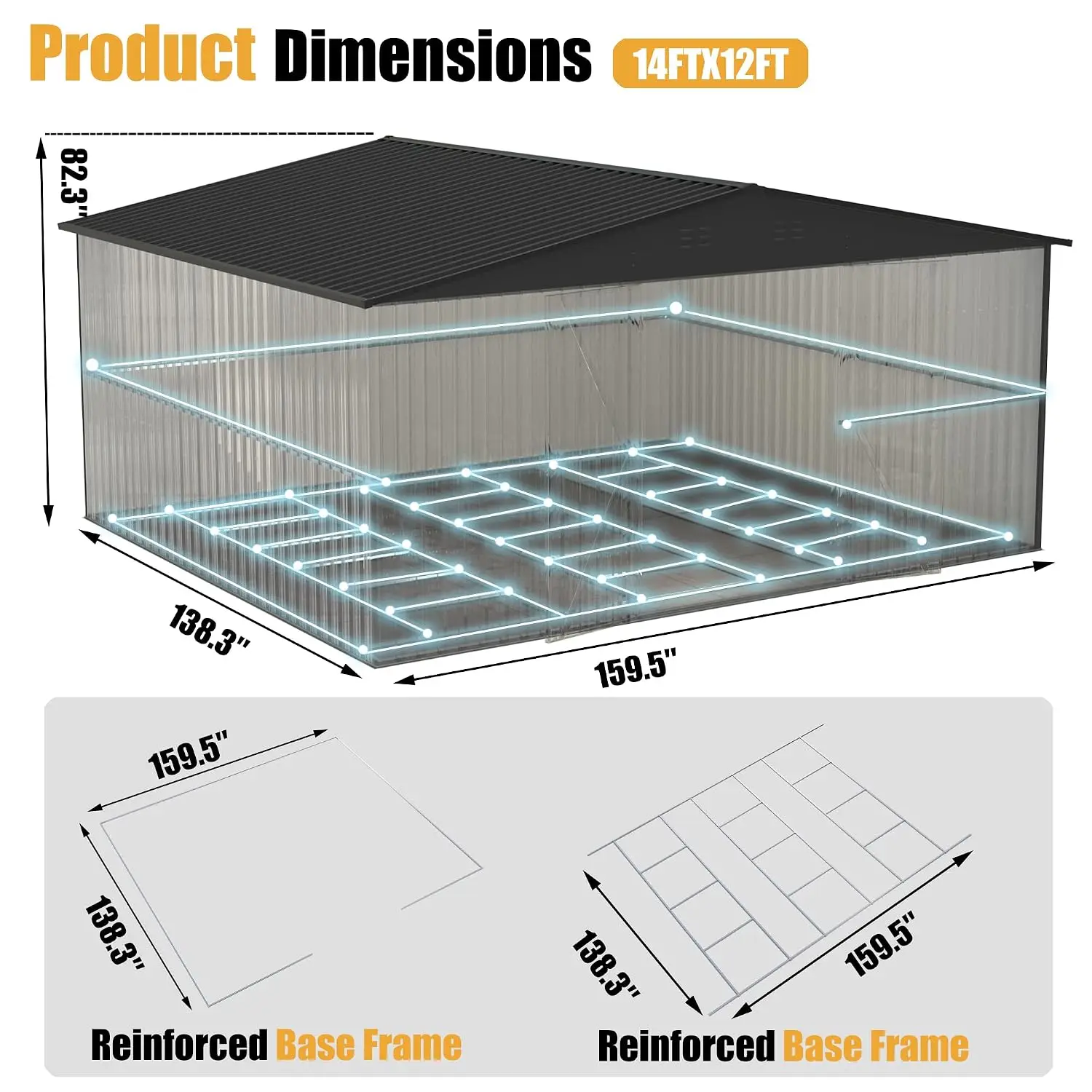 14x12 FT Reinforced Outdoor Storage Shed, Heavy Duty Metal Garden Shed with Reinforced Frame, Lockable Door &, Customized