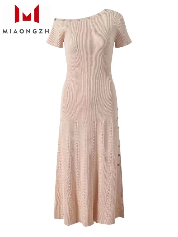 

2025 Spring New Slimming Hollow Out Knitted Dress For Women Short Sleeve Slanted Shoulder Button Female Fashion Party Dresses