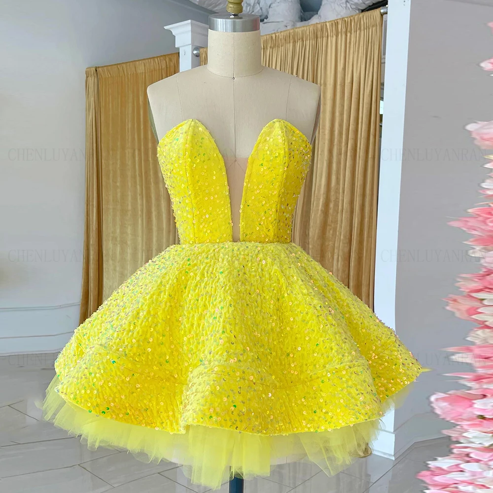 

Sequin Yellow Formal Occasion Dresses Sweetheart Puffy Mini Party Dress A-line Strapless Sexy Cocktail Gowns فساتين مناسبة رسمية