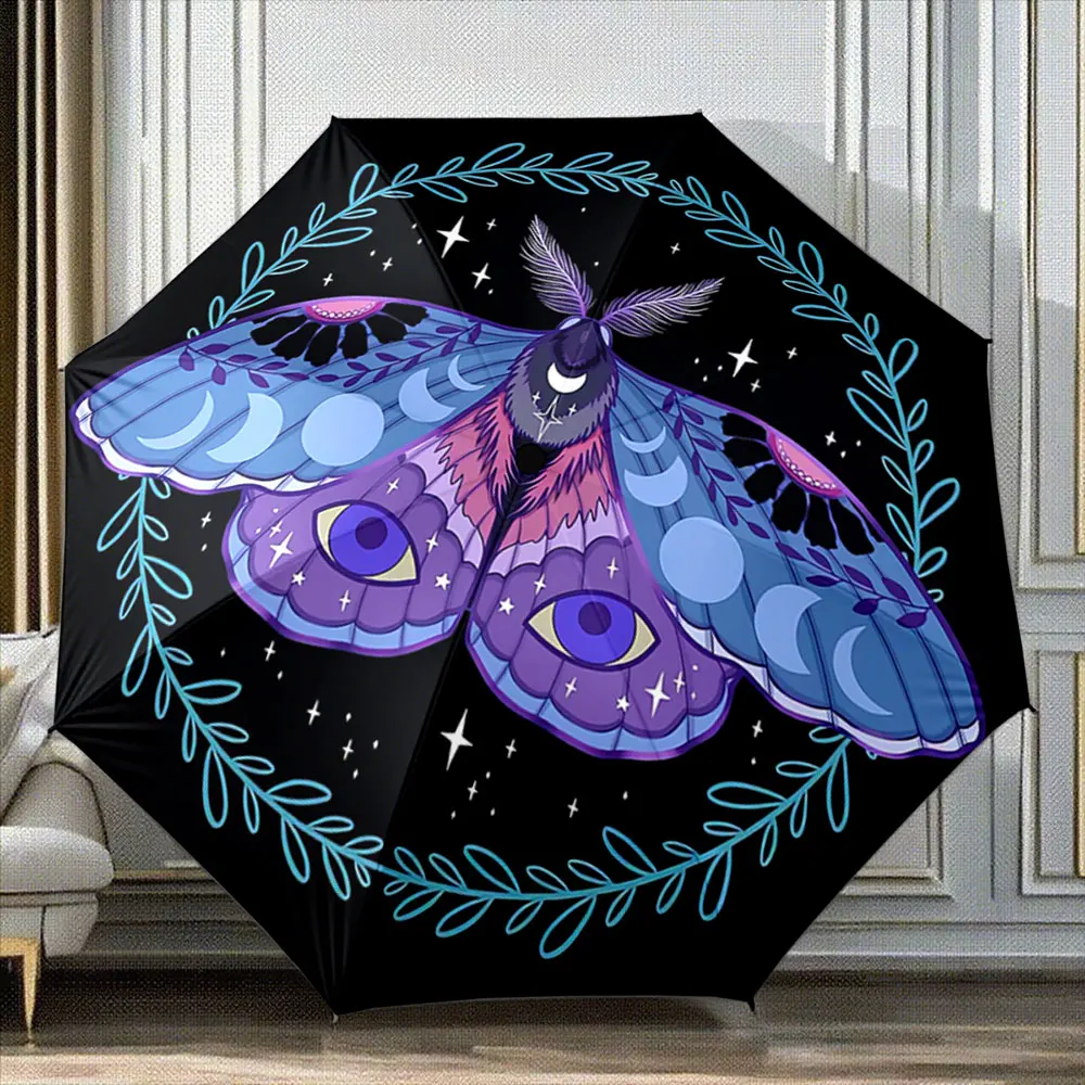 Mystic Moth with Moon Phases and Stars Design Umbrella ,Portable Folding Umbrella, Gift for Family Friends