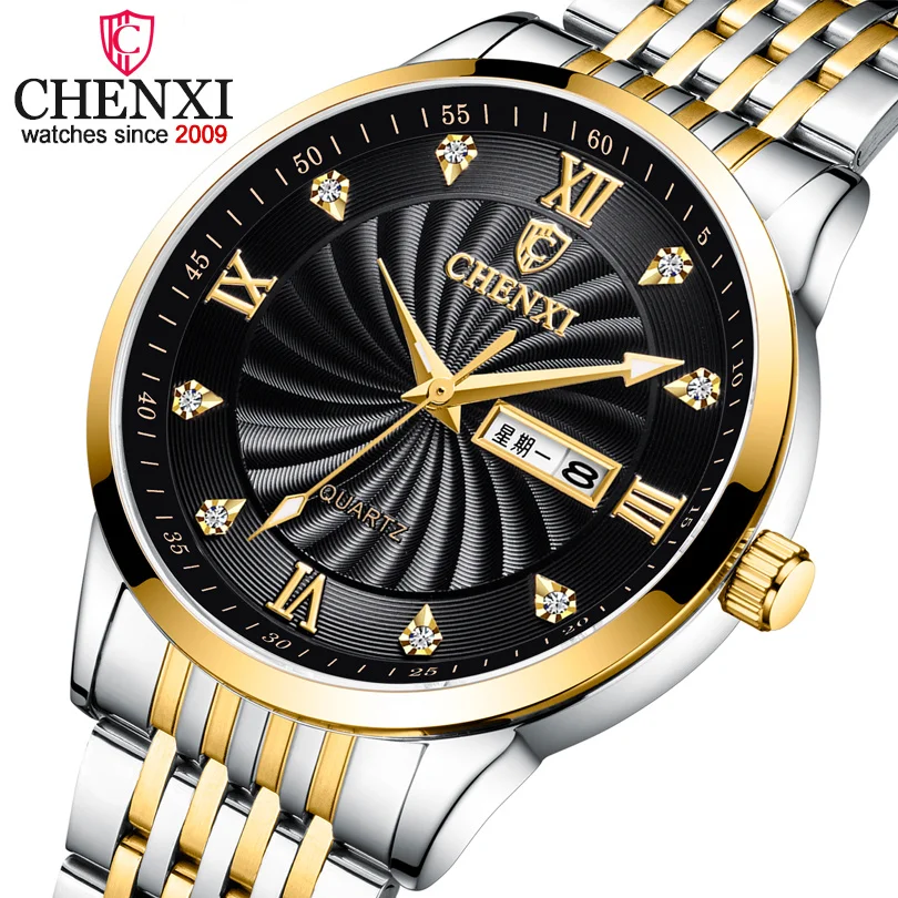 CHENXI 8212A Couple Watches Luxury Brand Men Quartz Clcok For Women Golden Full Steel Waterproof Dress Lady Wristwatch