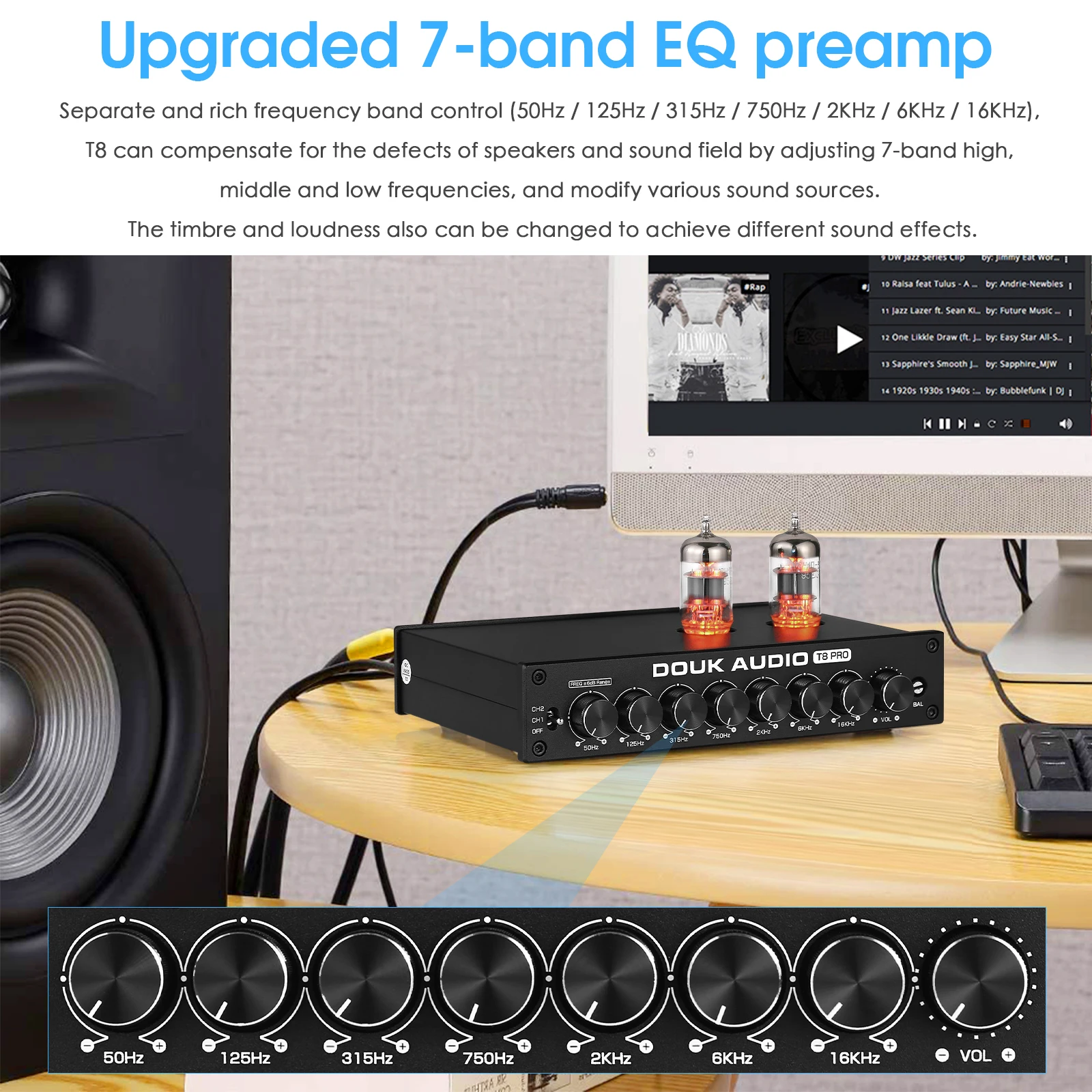 Douk Audio HiFi Ventil Tube Stereo Balanced XLR/RCA Vorverstärker 7-Band EQ Equalizer Home Desk Kopfhörerverstärker – Detail 4