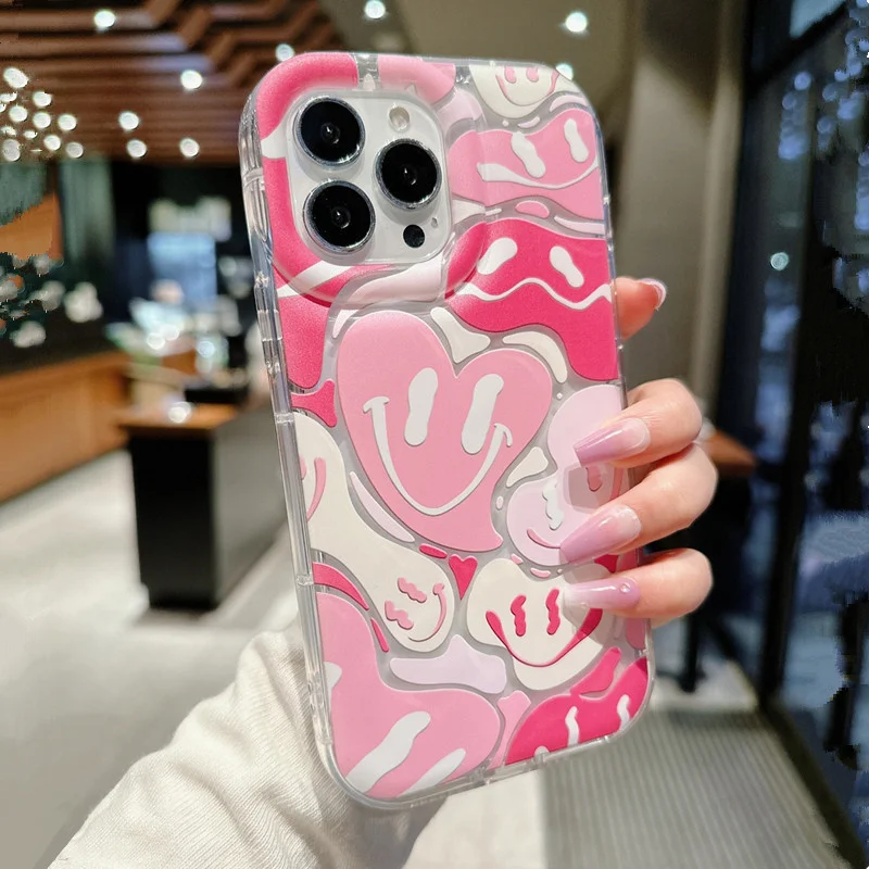 Minimalist Pink Heart-shaped Smile Case For iPhone 13 11 12 14 15 16 Pro Max 7 8 Plus SE 2 X XR XS Airbag Shockproof Phone Cover