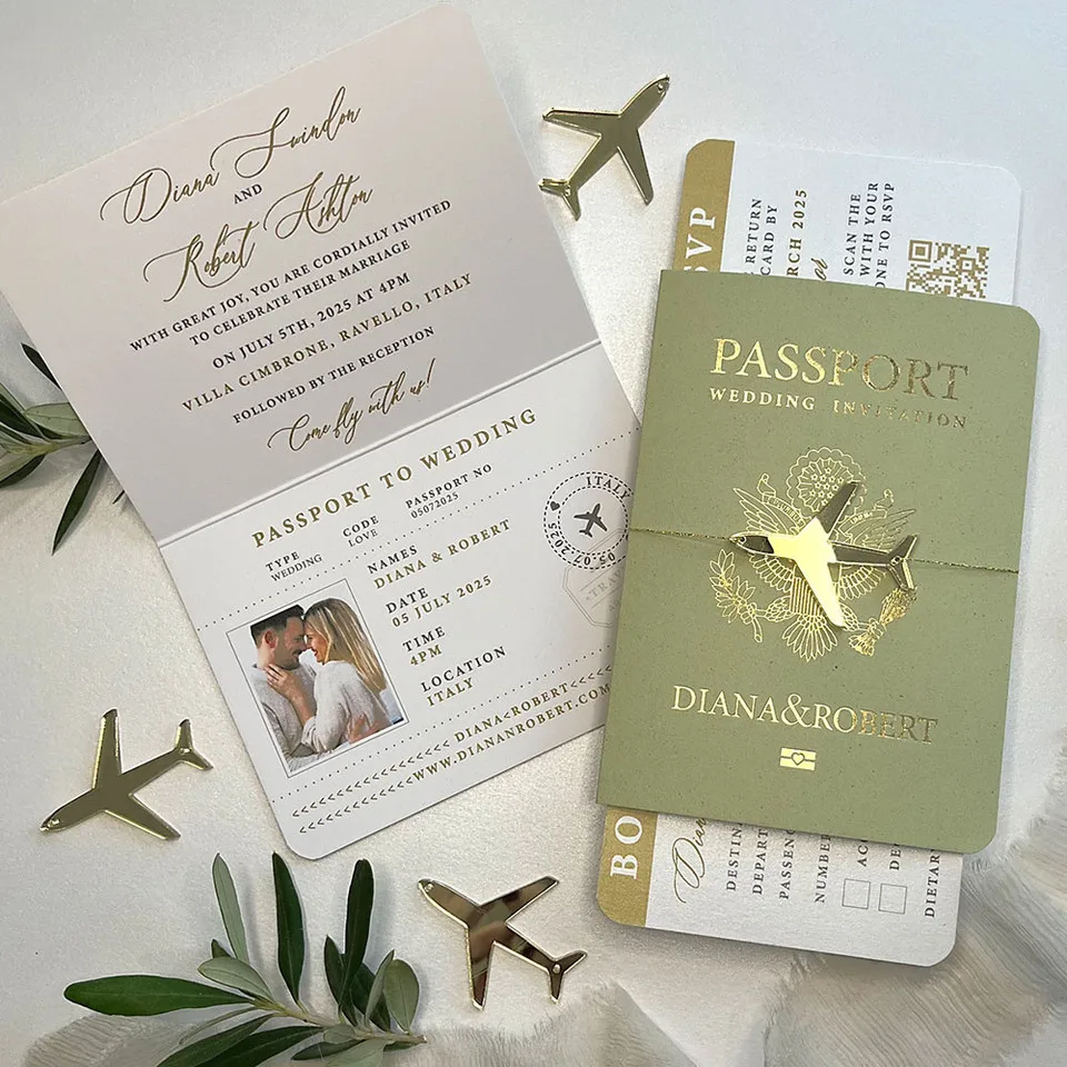 

30/55pcs Sage Green Invitation, Custom Paper Passport Tickets Invite Cards With Acrylic Plane, Travel Wedding Theme Template