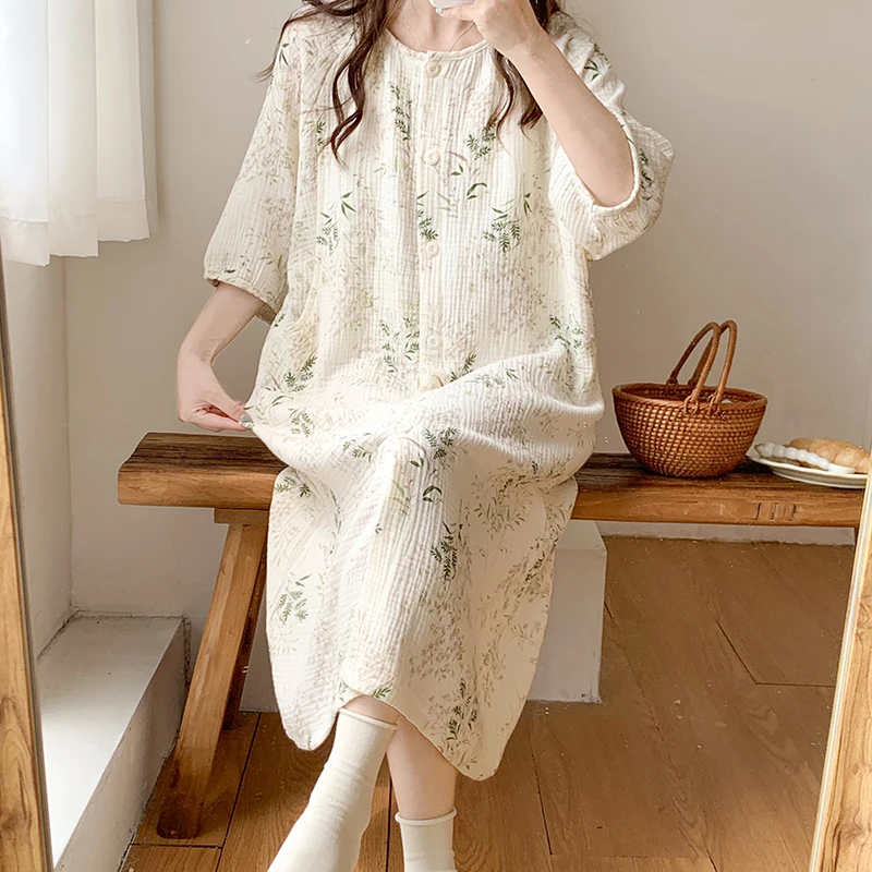 100% Cotton Double Gauze Nursing Nightdress for Maternity Summer Soft Thin Floral Printed Sleepwear Pregnancy Home Hospital Wear