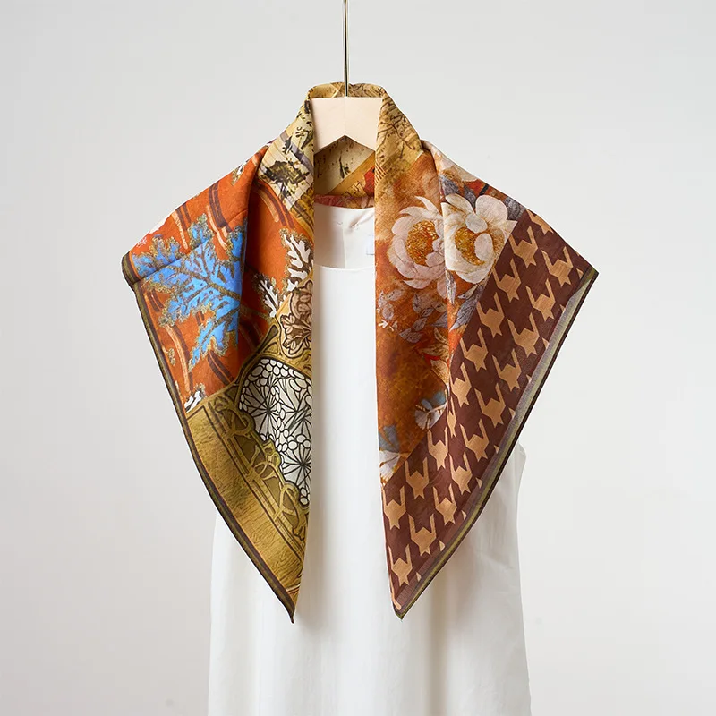

New Retro Literature and Art 65 * 65cm Silk Fashion Square Scarf Mulberry Silk Cotton Blended Scarf High-end Women's Silk Scarf