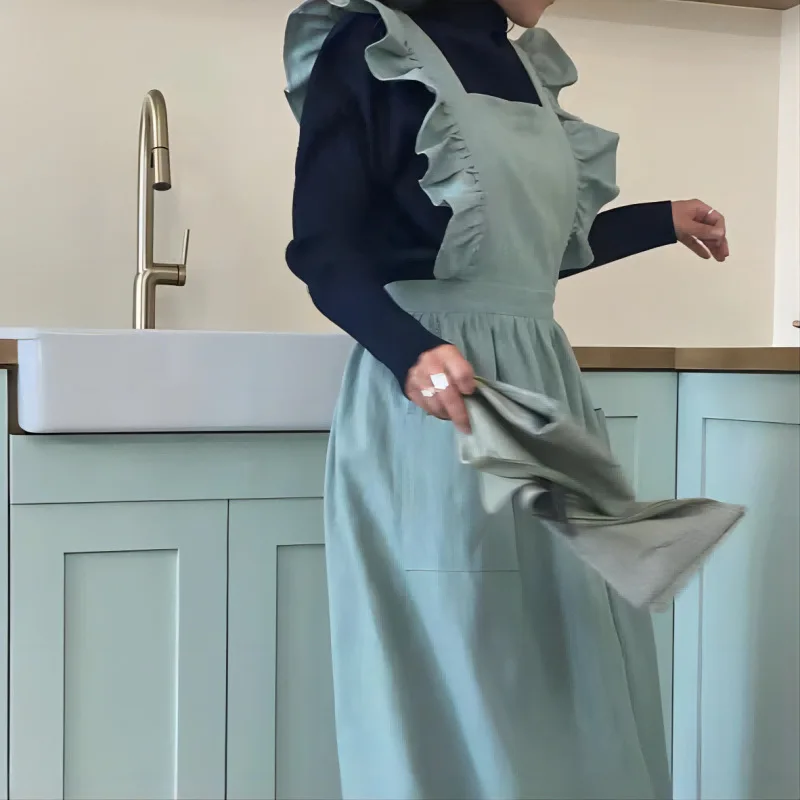 1PC French Pastoral Florist Artsy Cotton Linen Vintage Apron Kitchen Baked Nordic Solid Color Ruffled Apron view 3