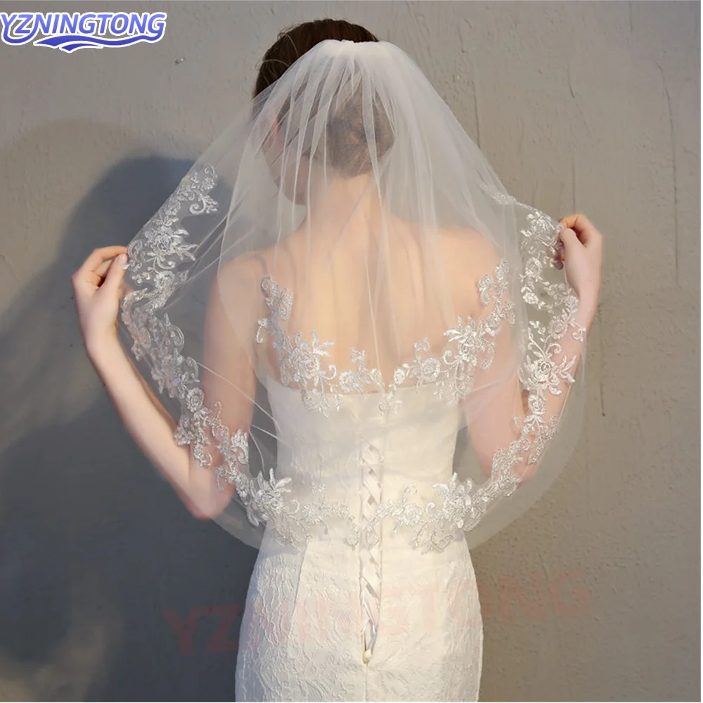 2 Tier Bridal veils Mantilla Wedding Veil 75CM Long Full Lace Edge Cathedral Bridal Veils Wedding Doda Velo De Novias with Comb