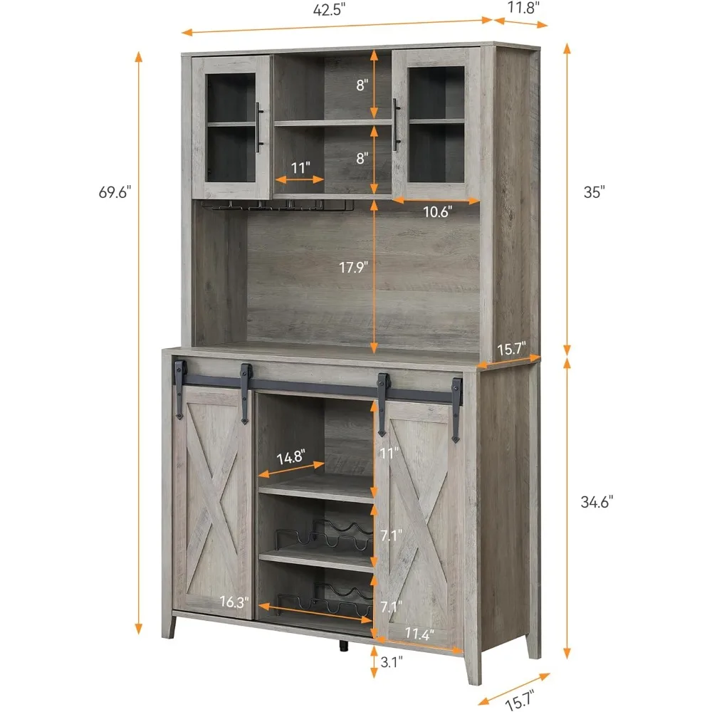 Gabinete de Bar de granja con puerta corrediza de Granero, gabinete de Buffet de 70 "de alto con estantes de almacenamiento, gabinete de licor con vino gris