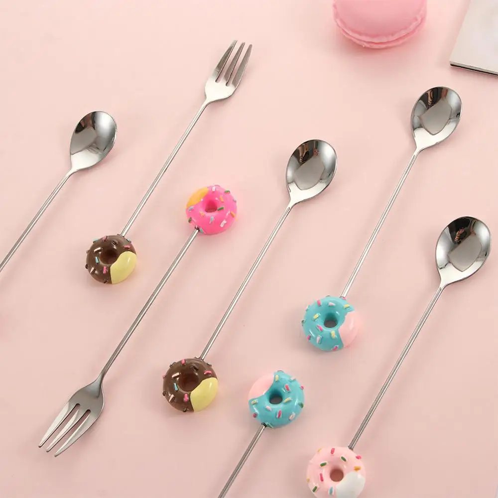 1/4Pcs High Quality Stainless Steel Coffee Spoon Cute Doughnut Dessert Spoon Fork Kitchen Flatware Baby Kids Dinnerware