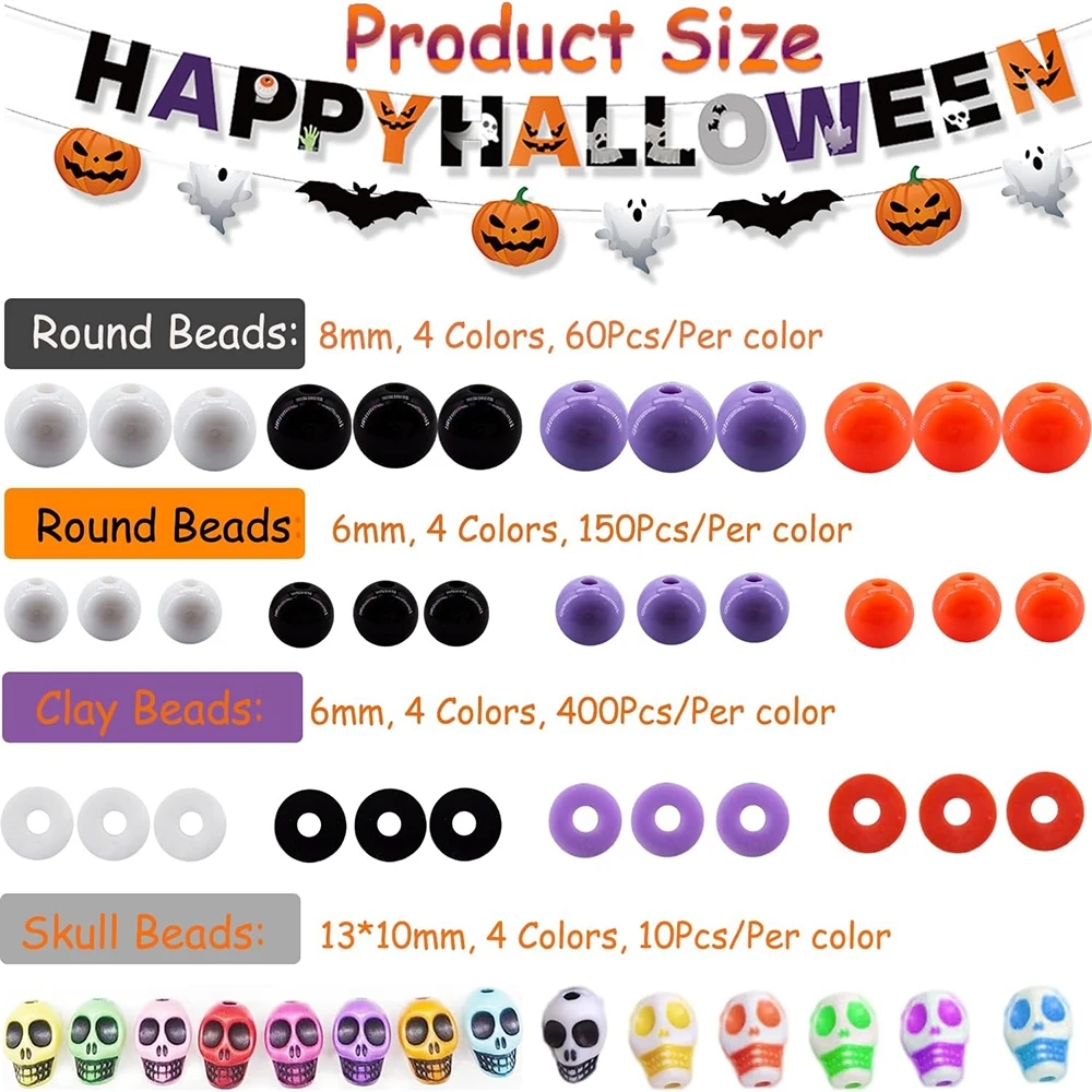 2480Pcs Halloween Beads Set Jewelry Making Bracelet Making Kit Skull Shape Polymer Clay Bead Heishi Bead Round Bead