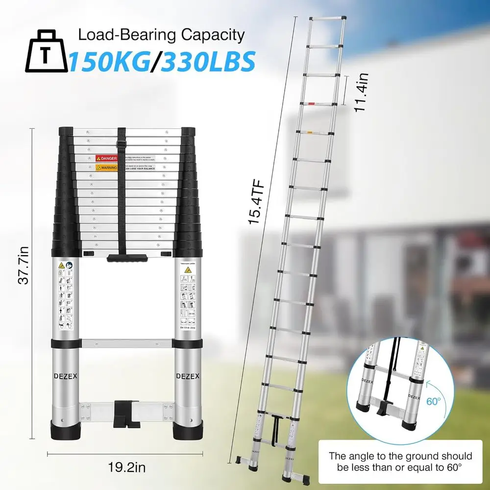 Collapsible 15.5FT Aluminum Ladder with One-Touch Retraction, 330lbs Capacity, for Home, RV, and Attic Use