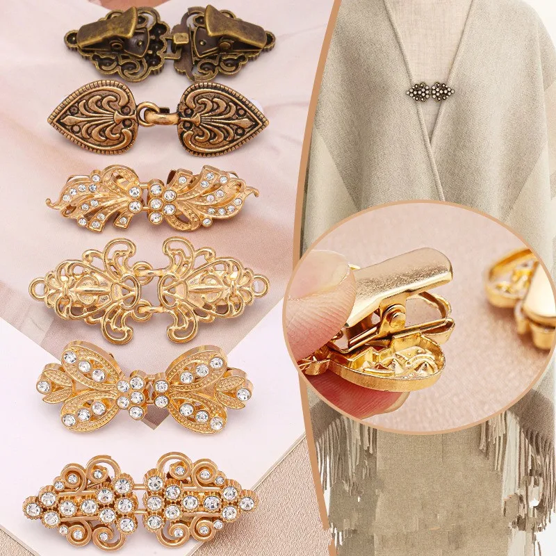 5 Pairs Hollow Metal Clasp Frog Button for Hanfu Qipao Collar Scarf Clip Fur Coat Anti Exposure Sewing Craft Supplies