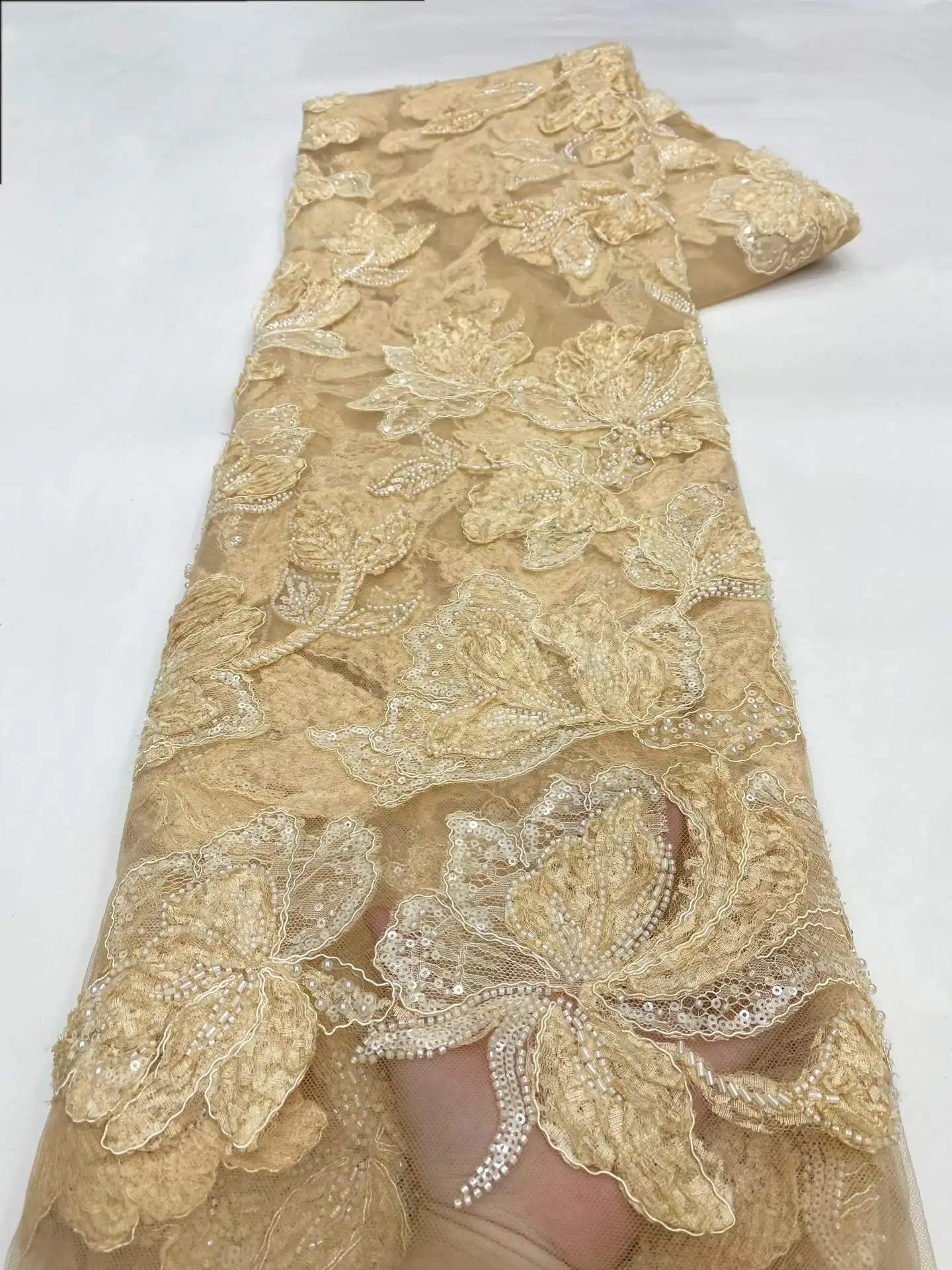 

African Nigerian Groom Sequins Beads Lace Fabric 2026 High Quality French Tulle Lace Fabric For Bridal Dress 5 Yards