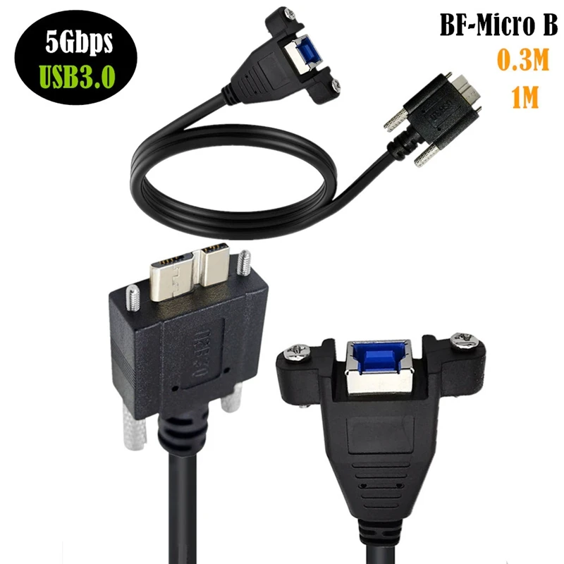 100cm 5Gbps USB 3.0 Print B Female Panel Mount to Micro B Male with M2 Screw Lock Cable for Printer Scanner Mobile Hard Drive