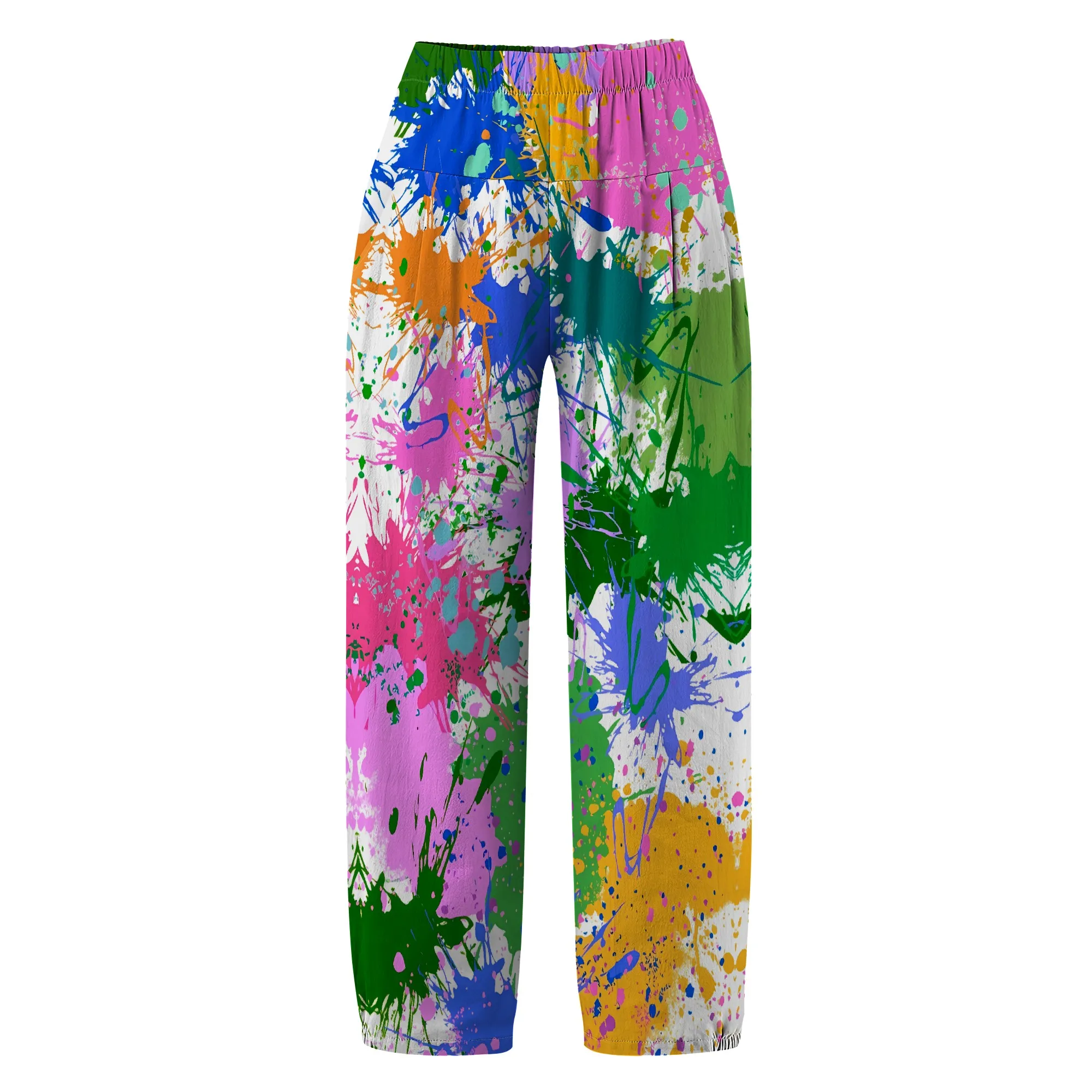 Nupusa Color Splash Print Pants for Women Regular Size Summer Casual High - Waist Cropped Pants