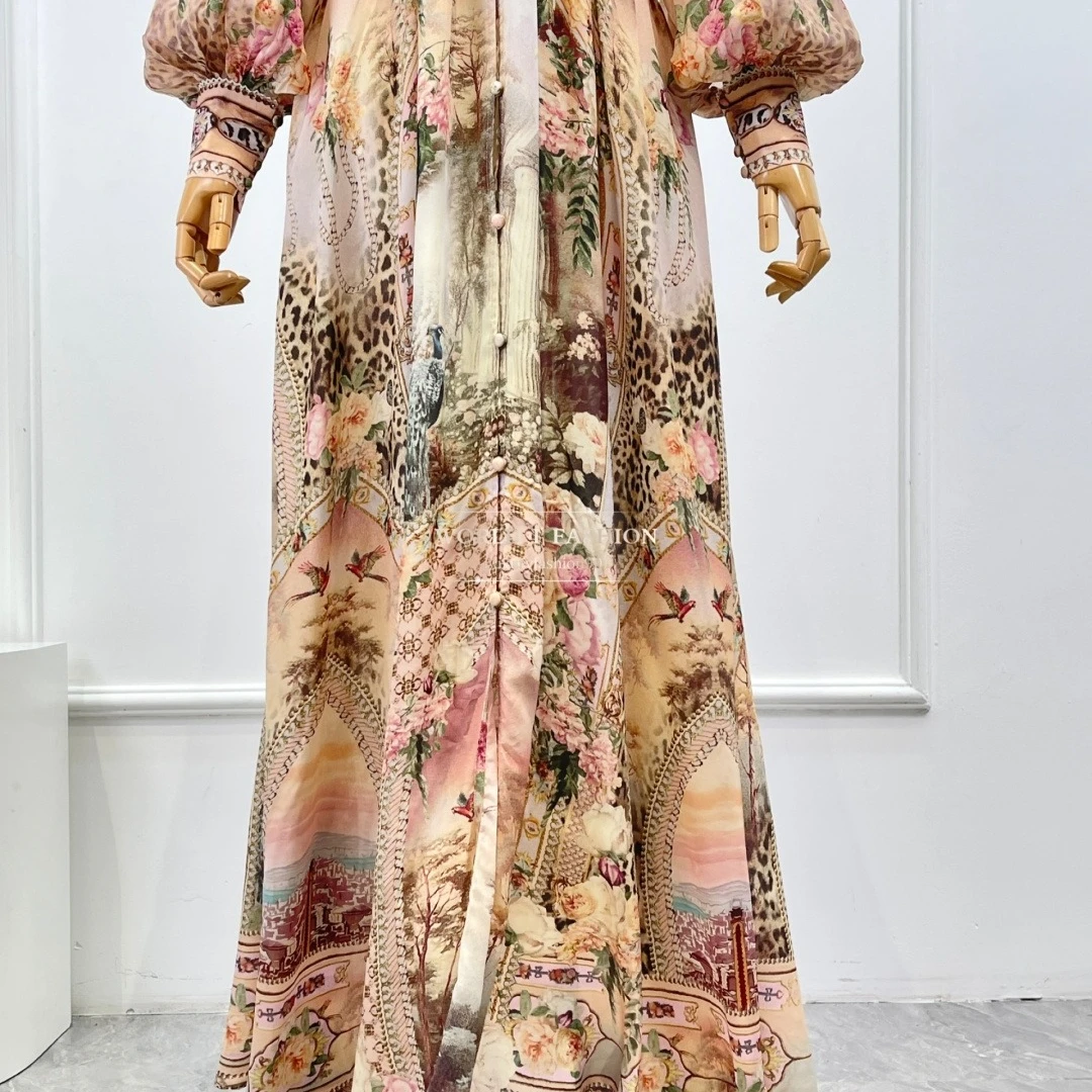 فستان متوسط الطول بأكمام طويلة ورقبة على شكل حرف V باللون البيج للنساء 2025 حرير جديد عالي الجودة #5