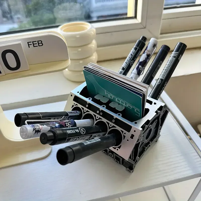 

Creative Engine Block Desk Organizer Business Card Pen Holder Perfect Gift for Car Enthusiasts Resin Construction