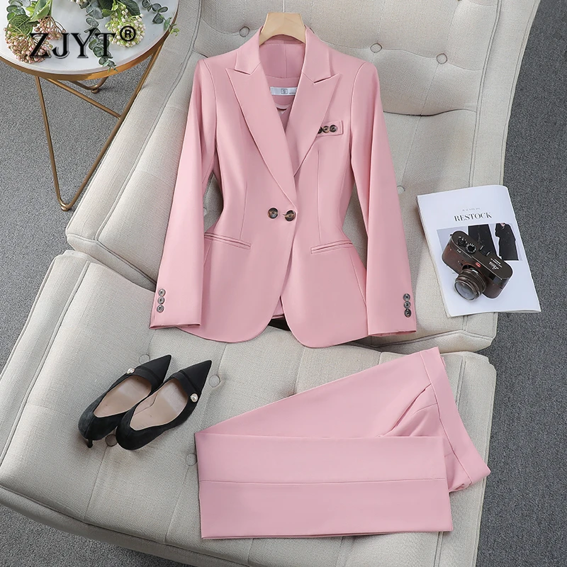 ZJYT Elegant Women's Suit Notched Blazer Trousers Set 2 Pieces Spring Long Sleeve Jacket Pants Sets Office Lady Work Outfit Pink