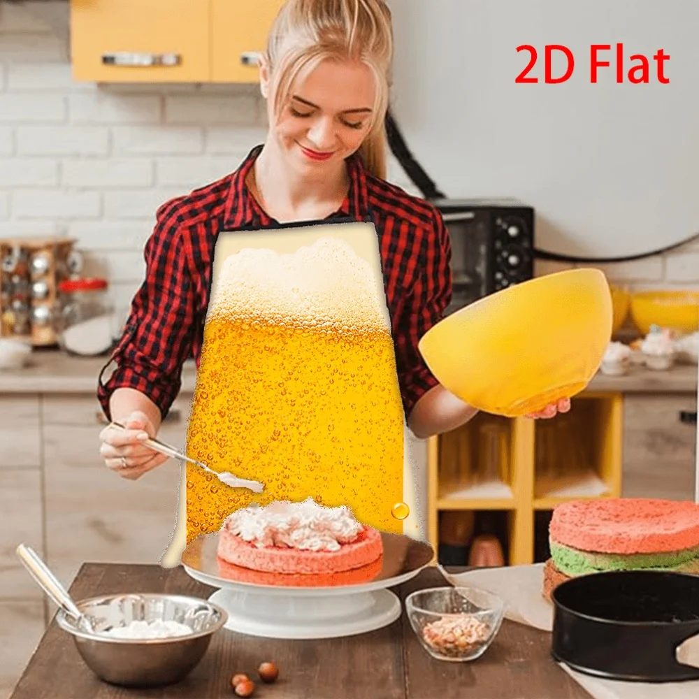 1pc 2D Flat Printed Funny Beer Glass Pattern Bib Apron Golden Yellow Liquid White Foam Bubbles Graphic Cooking Apron