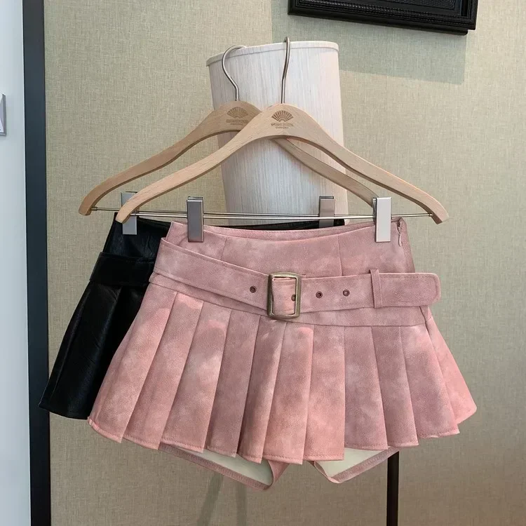 2024 New Winter Women’s Sexy 90S PU Faux Leather Skirt Short Skinny High With Belt Short Mini Pleated Skirt With Shorts Y2K