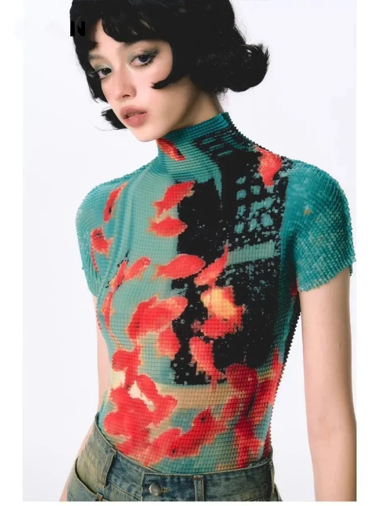 Y2k Harajuku print semi high neck short sleeved knitted sweater High street women's colorful painting slim fit hot girl T-shirts