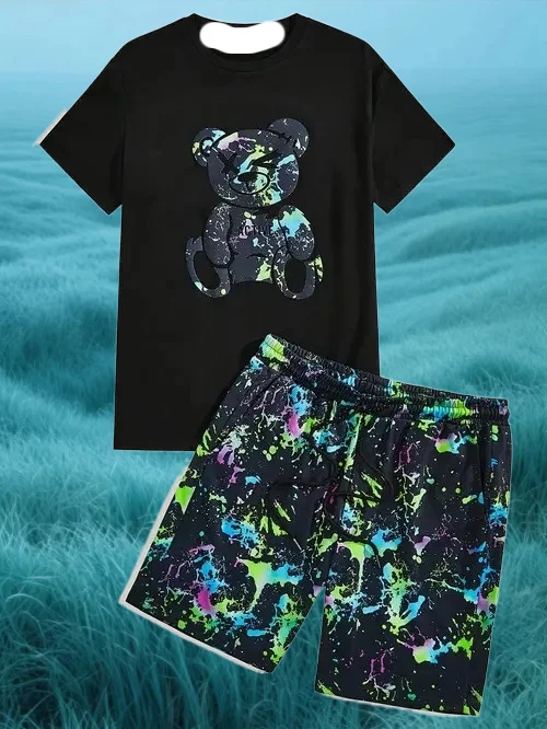 

2025 Latest Popular T-shirt Set 3D Vacation Trend Men's Various Elements Fashion Street Men's Set Summer Top Shorts Breathable