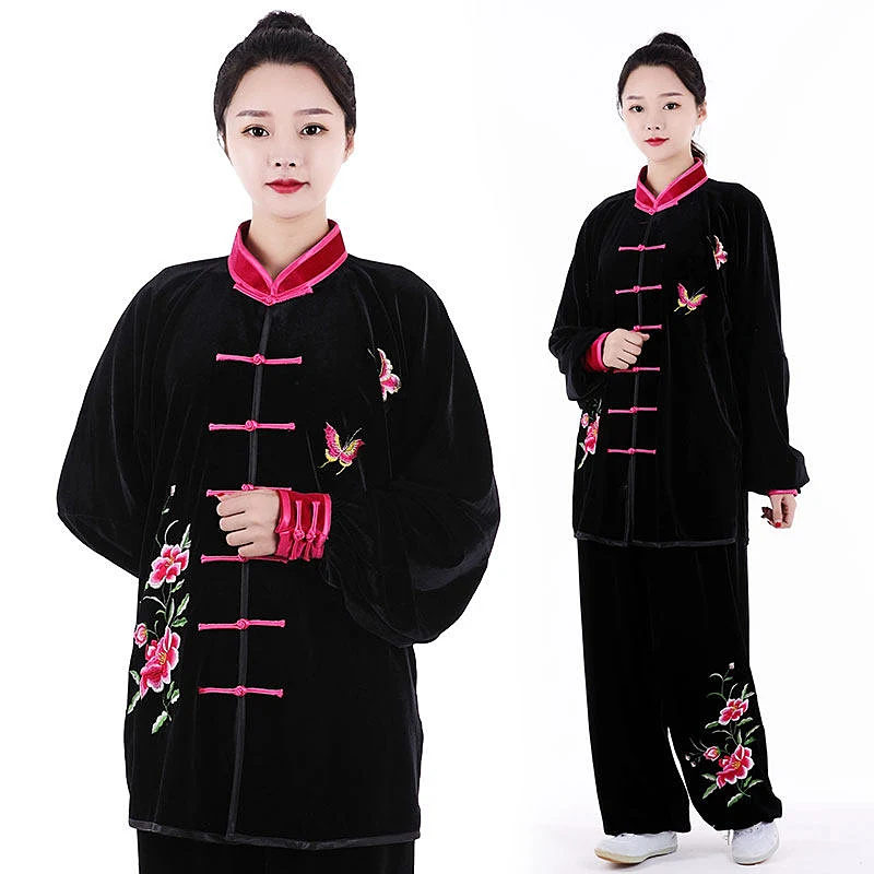 Women's Unisex Tai Chi Suit Gold Velvet Embroidered Heavyweight Warm Martial Arts Performance Set for Cold Weather Morning Exerc