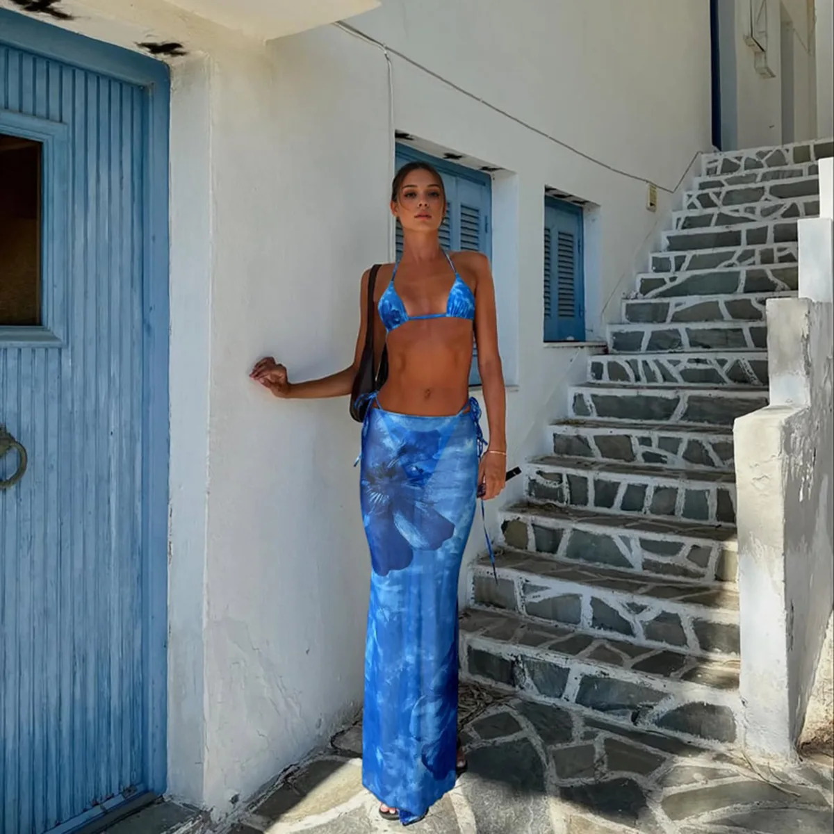 

Vintage Blue Tie Dye Floral Print Bikini Set Women Mesh Drawstring Skirt 3 Piece Swimsuit 2025 Bathing Suit Holiday Swimwear