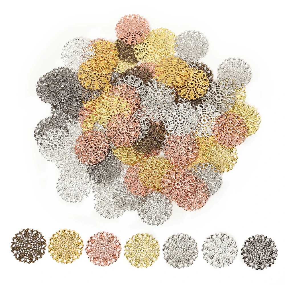 

20pcs/lot 25mm Metal Filigree Flower Wraps Connectors Findings For Diy Jewelry Making Hollow Out Peacock Feather Charm Pendants