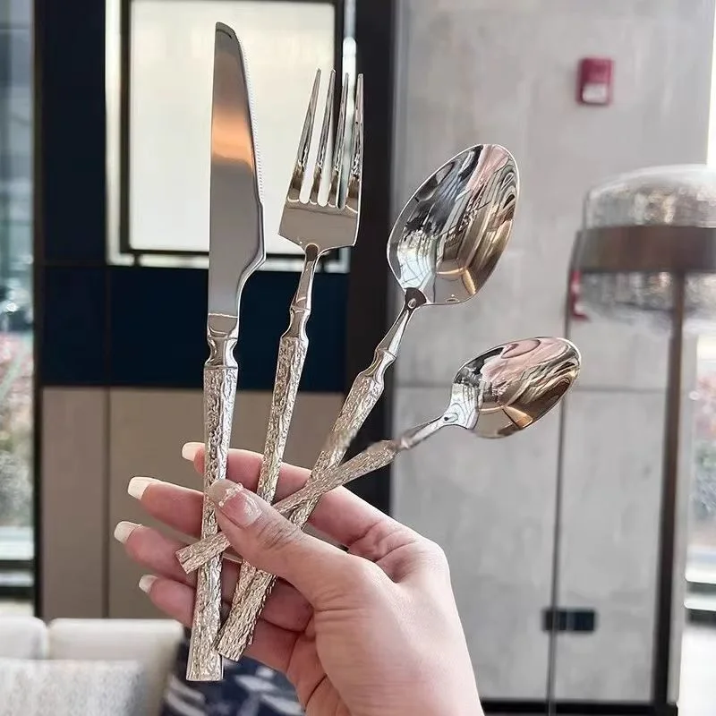 16-Piece Silver Stainless Steel Cutlery Set with Forks and Spoons, Creative Hammered Handles, Suitable for Home, Kitchen, Restau