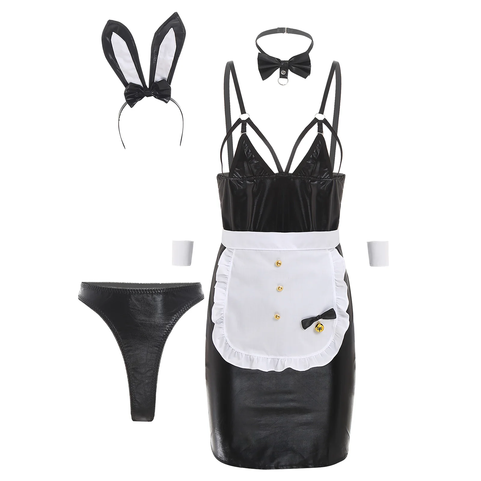 

Sexy Bunny Lady Costume Sling Dress with Rabbit Ears T Back Thong Apron Pompom Tail 7 Piece Set for Maid Cosplay