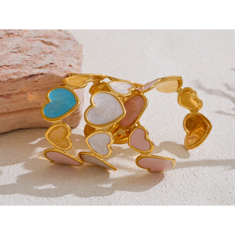 Yhpup Candy Colorful Enamel Heart Love Cuff Sweet Bracelet Bangle for Women Stainless Steel Golden Trendy Y2K Exquisite Jewelry