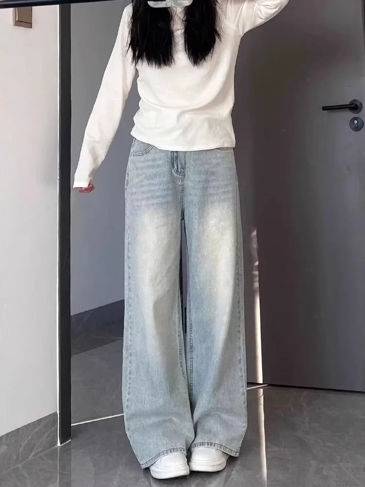 حجم كبير ارتفاع الخصر مستقيم الساق الدينيم الجينز المرأة ربيع الخريف فضفاض واسعة الساق الطابق طول السراويل للجسم الكمثرى aped #1