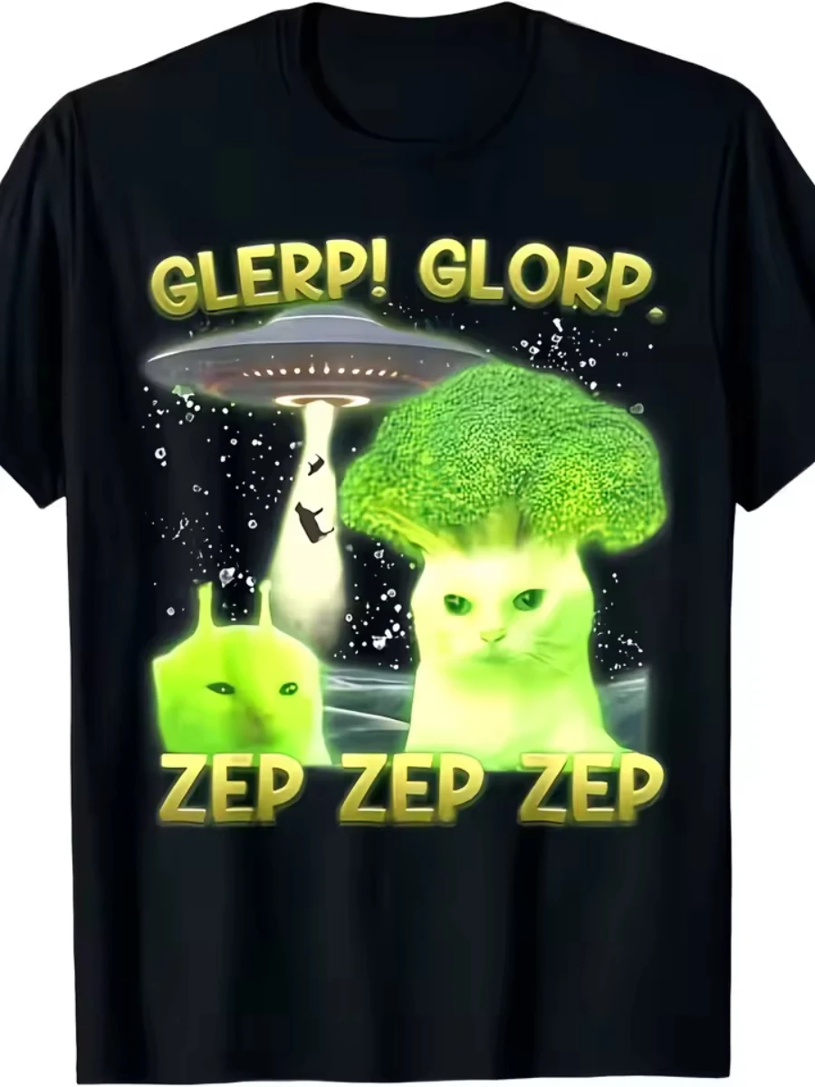 Funny Alien Cat Broccoli T Shirt Unisex UFO Abduction Graphic Tees Glerp Glorp Weird Core Meme Tops Harajuku Vintage T-Shirt