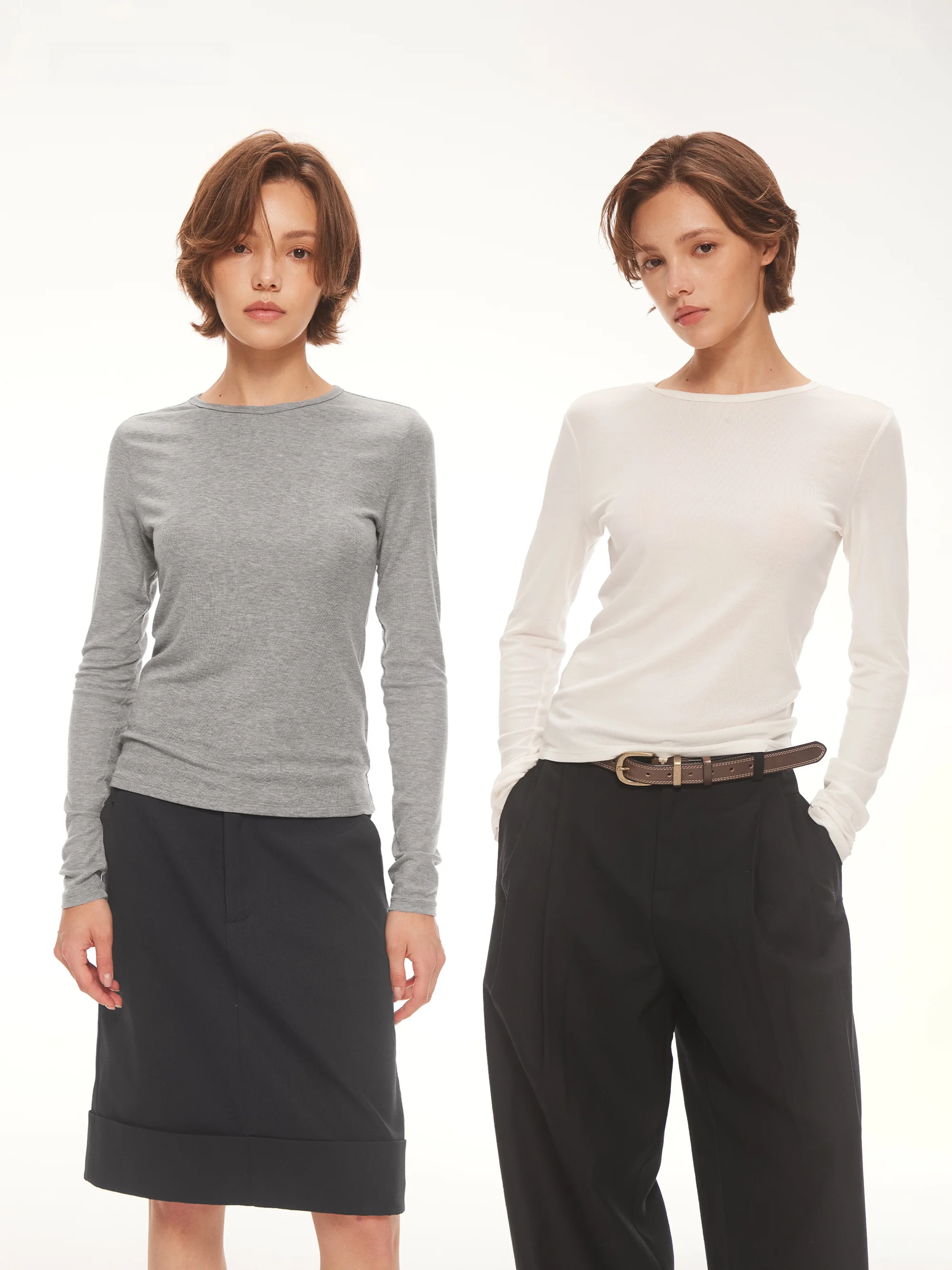 AHNKANK Autumn New Style Women's Slim Fit Long Sleeve Knitted T-Shirt round Neck Wool Blend Casual Wear Single Piece Top