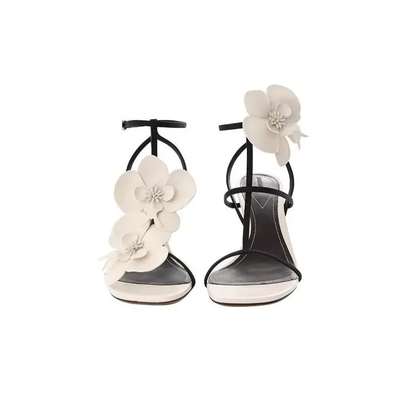 

White Flower Open-toed Sandals Women High Heels Women's Stiletto Square Head Women Shoes