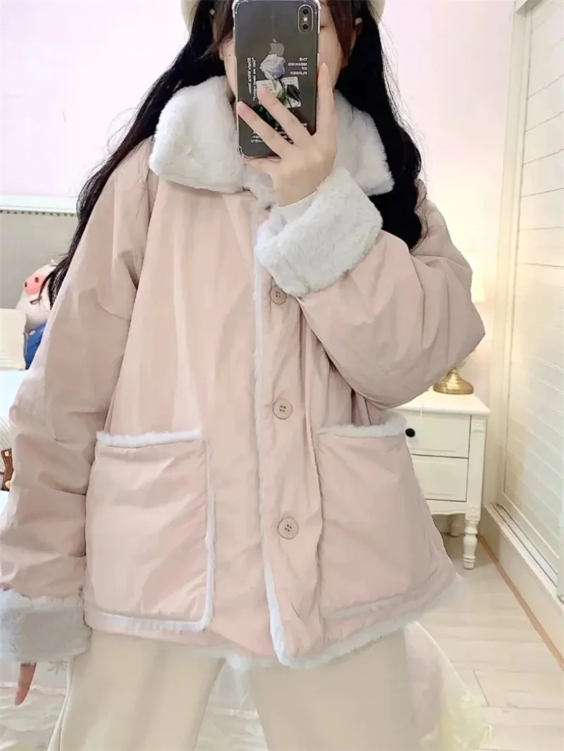 Chaqueta de algodón de lana de cordero para mujer, Chaqueta de algodón gruesa de doble cara, holgada y de felpa, color rosa, para estudiantes, invierno, 2025