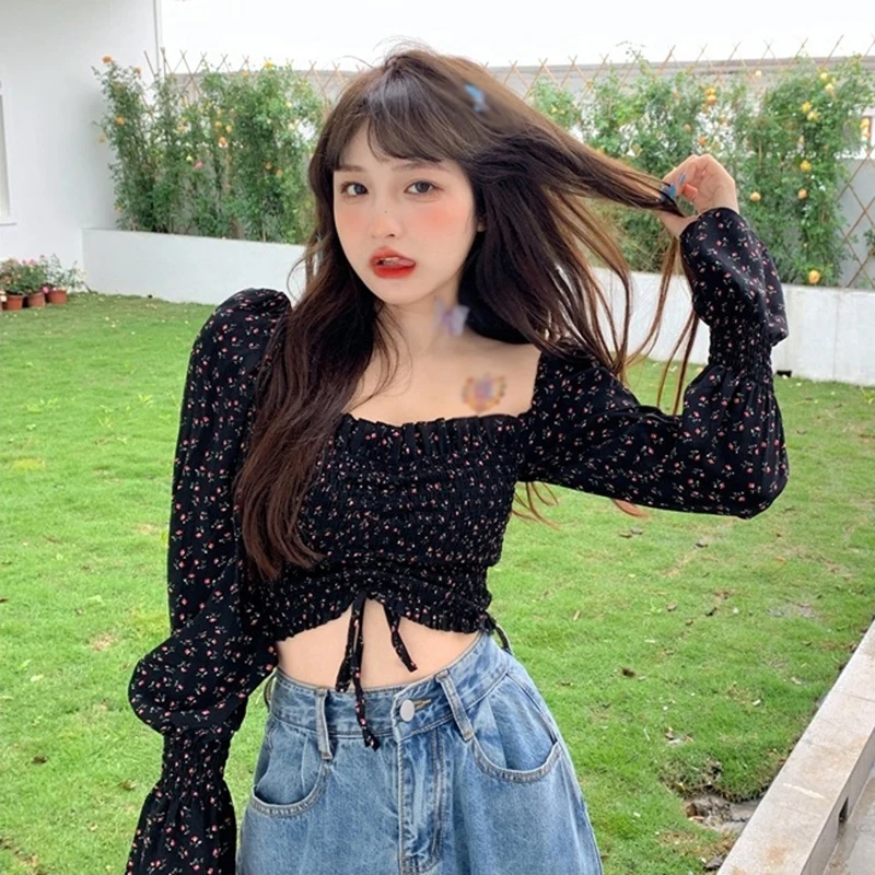 Floral Youth Elegant Blouse Women Crop Top Pretty Blouses Chic Fashion Blouse Shirt For Party 2023 Puff sleeve Off shoulder