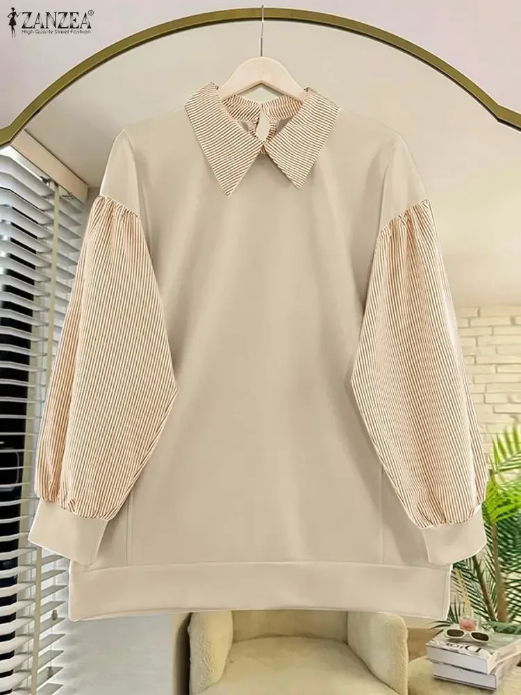 ZANZEA Fashion Women Striped Patchwork Sweatshirts Pullovers 2025 Autumn Long Sleeve Tunic Tops Casual Loose Blusas Jumpers